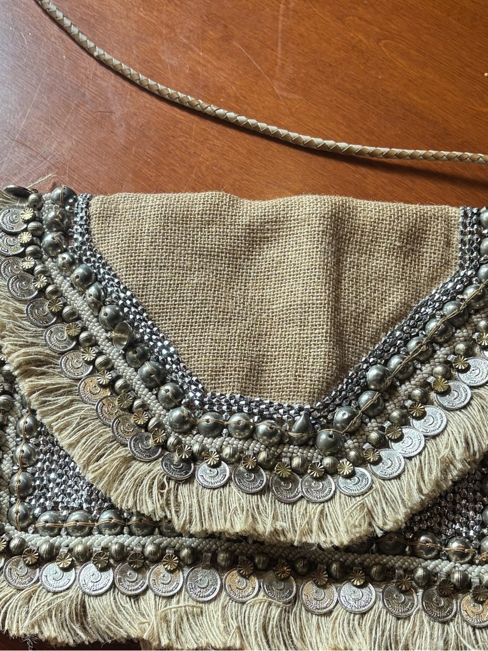 SHASHI Tan Fringe Coin-Embellished Clutch
